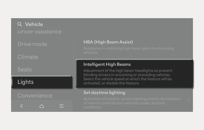 2025 Hyundai Tucson Intelligent High Beams settings image. The infotainment screen displays the 'Lights' menu with the 'Intelligent High Beams' option highlighted. The description text states, 'Adjustment of the high beam headlights to prevent blinding drivers in oncoming or preceding vehicles.' Explains the function of setting the Intelligent Front-Lighting System.