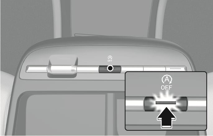 2025 Hyundai Tucson ISG System OFF button image. It shows the Type A center console button panel. A detailed inset displays a black arrow pointing upwards, indicating the action of pressing the ISG OFF button, which has an illuminated indicator light. This describes the function of turning off the ISG system.