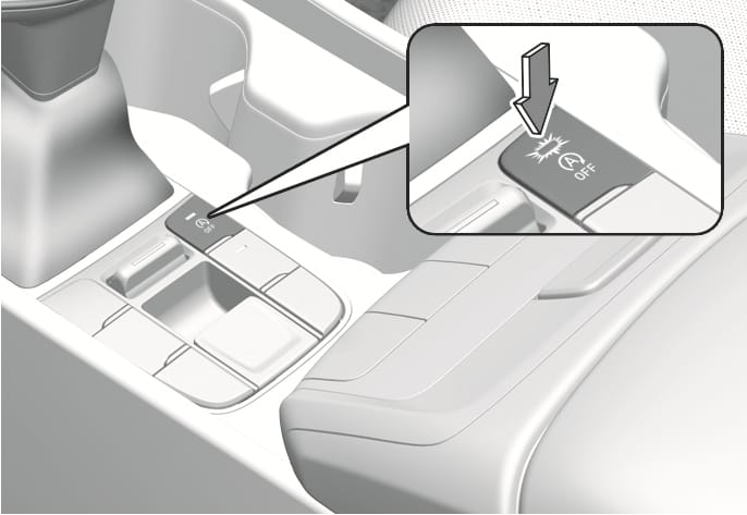 2025 Hyundai Tucson ISG System off (Type B) image. It displays the center console with a magnified callout of the ISG OFF button, marked with an 'A' inside a circle symbol and 'OFF' text. A vertical arrow points downward to indicate the pressing action. Explains the function of deactivating the ISG system.