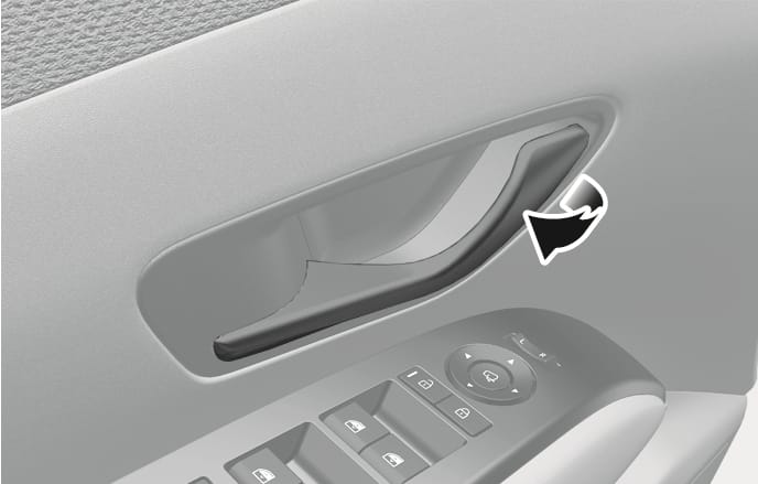 2025 Hyundai Tucson interior door handle image. A black curved arrow indicates the direction to pull the silver inner door handle located above the window control switches. Explains the function of unlocking and opening the door from inside the vehicle.