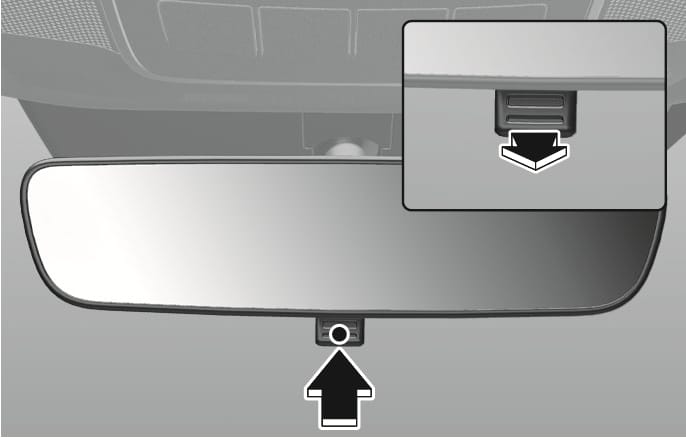 2025 Hyundai Tucson Day/night rearview mirror image. The image displays the interior mirror with a lever at the bottom. A black arrow points up towards the lever, while an inset shows a downward black arrow indicating the pulling motion. Explains the function of adjusting the day/night lever to reduce glare from rear vehicles.