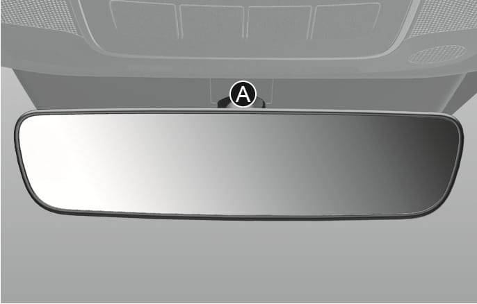 2025 Hyundai Tucson Electric Chromic Mirror (ECM) image. The image displays the interior rearview mirror with a callout (A) indicating the sensor located on the mirror mount. Explains the function of automatically controlling headlight glare from vehicles behind using the sensor.