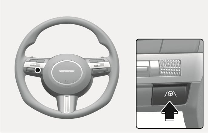 2025 Hyundai Tucson Lane Driving Assist button image. It displays the button's location on the steering wheel and a close-up of the button featuring a steering wheel icon between lane lines, with a black arrow pointing upward. Explains the function of turning the Lane Following Assist on or off.