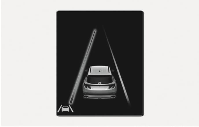 2025 Hyundai Tucson Lane Departure Warning image. The instrument cluster screen displays a vehicle with the left lane line highlighted, indicating a departure to the left. A warning icon is shown in the bottom left. Explains the visual warning function when the vehicle departs from the projected lane.