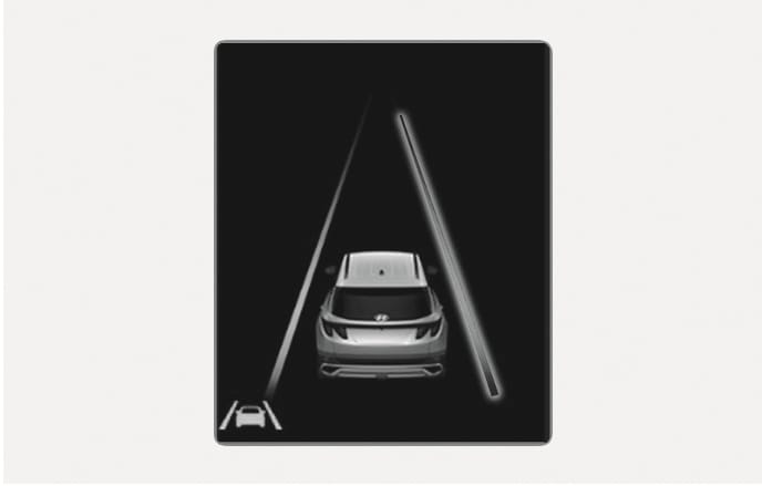 2025 Hyundai Tucson Lane Departure Warning image. The instrument cluster displays a vehicle icon with the right lane line highlighted. This explains the function that warns the driver when the vehicle departs from the projected lane on the right side.