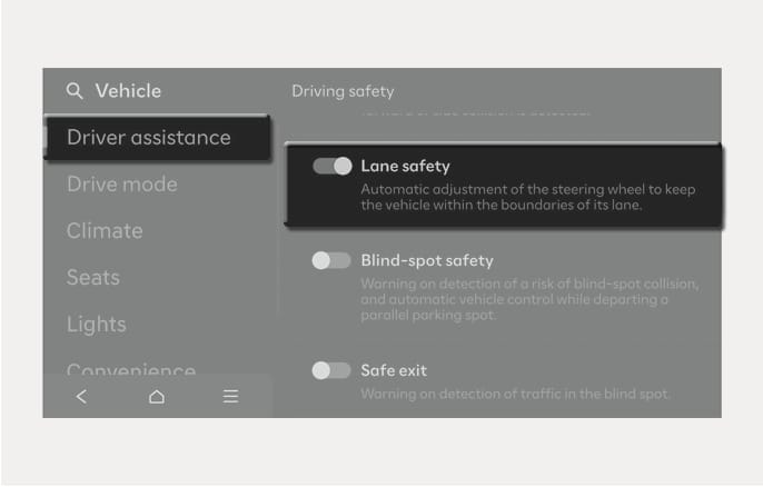 2025 Hyundai Tucson Lane safety settings screen image. The infotainment screen displays the 'Vehicle' settings menu. 'Driver assistance' is selected on the left, and 'Lane safety' is highlighted on the right under 'Driving safety', accompanied by the text 'Automatic adjustment of the steering wheel to keep the vehicle within the boundaries of its lane.' Explains the function for configuring Lane safety settings.