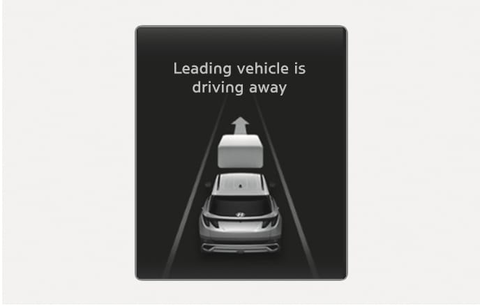 2025 Hyundai Tucson Leading Vehicle Departure Alert screen image. The instrument cluster displays the message 'Leading vehicle is driving away' and a graphic of a vehicle ahead moving forward with an arrow. This explains the function that alerts the driver when the front vehicle departs from a stop.