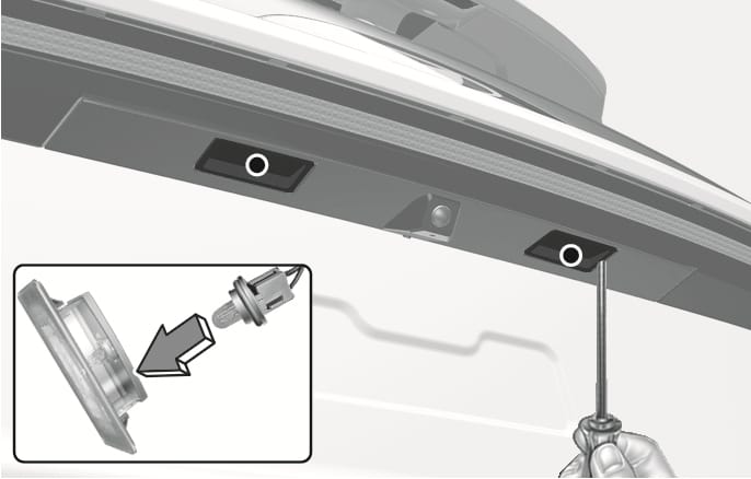 2025 Hyundai Tucson license plate light replacement image. It depicts the light locations and a screwdriver prying the lens cover. An inset shows the bulb and housing with a thick arrow indicating the direction. Explains the function of replacing the license plate light bulb.