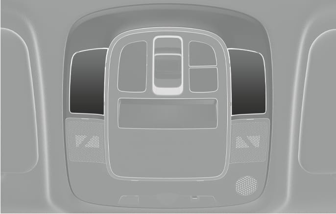 2025 Hyundai Tucson Map lamp (LED type) image. The image displays the overhead console assembly on the ceiling, featuring map lamp lenses on the left and right sides of the central control panel. Explains the configuration of the integrated LED map lamp unit.