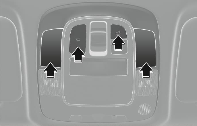2025 Hyundai Tucson map lamp image. Black arrows indicate pressing the left and right lenses, the room lamp button with a light icon, and the door mode button with a car icon. Explains how to operate the map lamps and interior light modes.