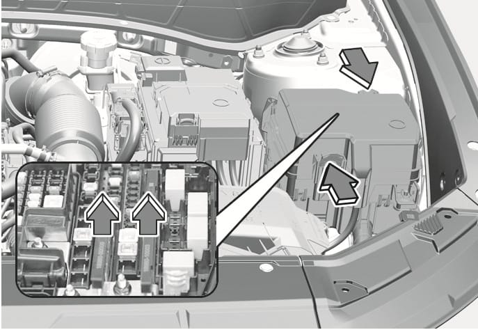 2025 Hyundai Tucson Multi type fuse image. The image displays the engine compartment with an arrow pointing to the fuse panel cover. A zoomed-in inset shows the multi-fuse assembly with upward arrows indicating the specific fuse components. Illustrates the location and structure of the multi-type main fuse.