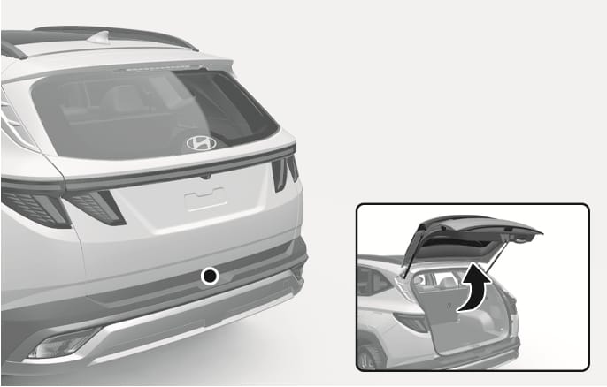2025 Hyundai Tucson outside power tailgate open button image. The rear of the vehicle is shown with the open button highlighted by a black circle above the license plate. An inset shows the tailgate lifting open with a black arrow indicating the upward motion. This explains the function of opening the power tailgate using the external button.