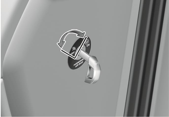2025 Hyundai Tucson Passenger's front air bag ON/OFF switch image. A key is inserted into the switch located on the side of the dashboard, with a curved double-headed arrow indicating the turning motion. The switch face displays 'OFF' and 'ON' labels. Explains the function of using a key to manually activate or deactivate the passenger's front air bag.