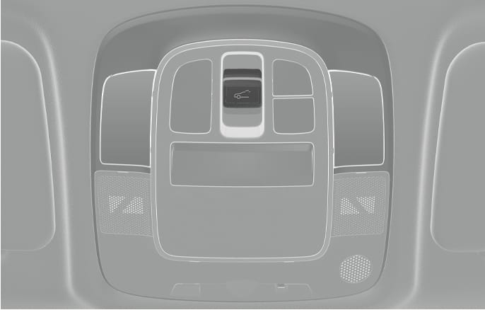 2025 Hyundai Tucson Panorama sunroof switch image. The image displays the overhead console with a central control lever featuring a car icon with an open roof. Describes the function of sliding or tilting the sunroof using the switch located on the console.