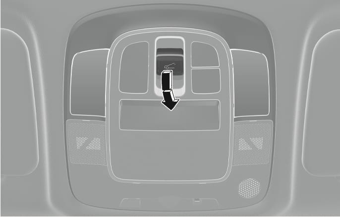 2025 Hyundai Tucson sunroof switch image. A black arrow points forward, indicating to push the switch on the overhead console. This illustrates the operation to reset the sunroof system.