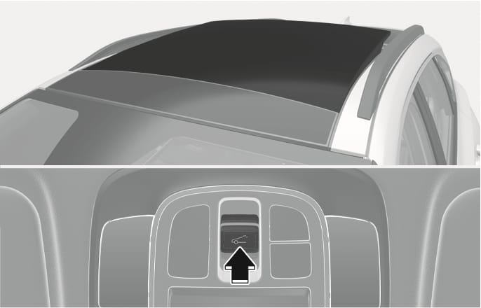 2025 Hyundai Tucson Panorama Sunroof Tilt Open image. The upper section displays the sunroof glass tilted open. The lower section shows a black arrow pointing upward on the sunroof switch. Describes the function of tilting the sunroof glass open by pushing the switch upward.