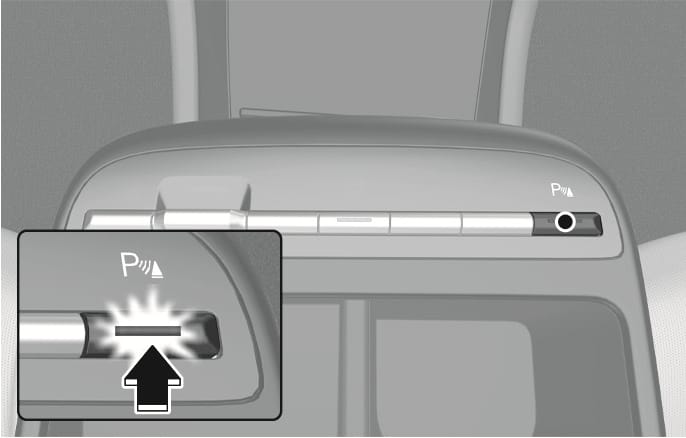 2025 Hyundai Tucson Parking Safety button image. It shows the rightmost button on the center console featuring a 'P' icon with radar waves. A close-up inset with a black arrow indicates pressing the button. This explains the function of turning the Parking Distance Warning on or off.