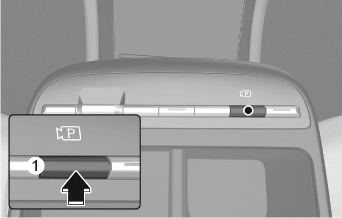 2025 Hyundai Tucson Parking/View button image. The image displays the Parking/View button (1) on the center console, marked with a camera icon and the letter 'P'. A detailed inset shows a black arrow pointing upwards to indicate pressing the button. Describes the function of turning on the Rear View Monitor.