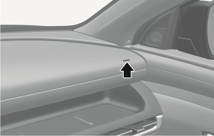 2025 Hyundai Tucson passenger's front air bag location image. A black arrow points to the 'AIR BAG' label embossed on the dashboard panel above the glove box. Indicates the location of the passenger's front air bag.