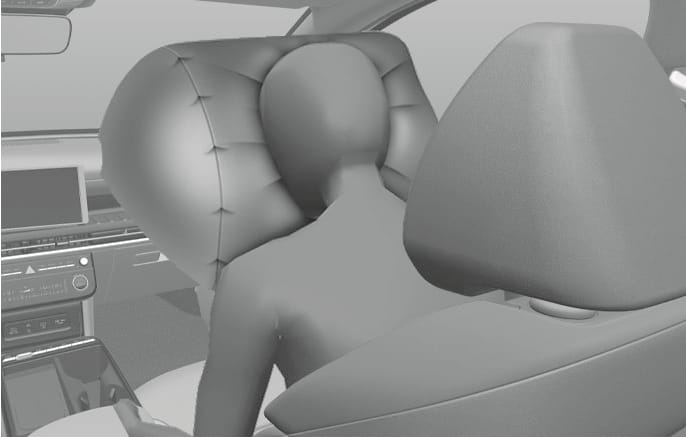 2025 Hyundai Tucson Passenger's front air bag deployment image. The image shows an inflated airbag emerging from the dashboard, cushioning the head and upper body of a passenger dummy. This explains the function of protecting the front passenger during a frontal collision.