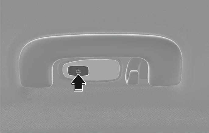 2025 Hyundai Tucson Room lamp (Personal lamp) button image. A vertical black arrow points upward to the button featuring a lamp icon, located next to a hook. Describes the function of pressing the button to operate the personal lamp.