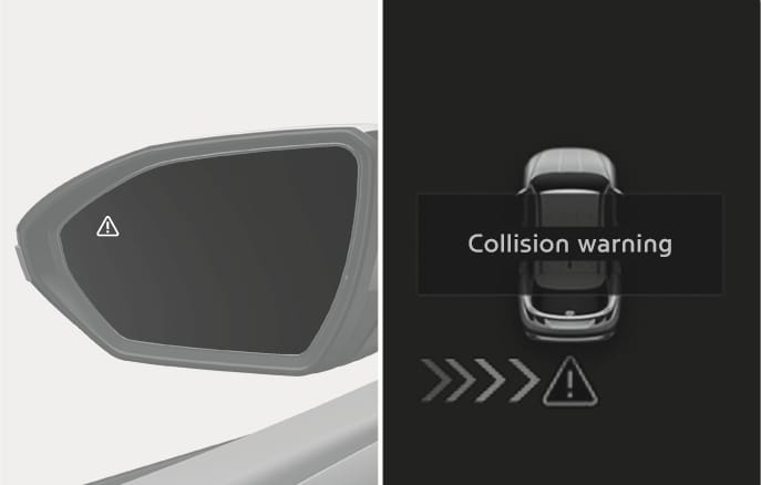 2025 Hyundai Tucson Rear Cross-Traffic Collision-Avoidance Assist warning image. The left shows a warning icon on the side mirror. The right shows the cluster with 'Collision warning' text, directional arrows, and a warning symbol. Explains the collision warning function for approaching vehicles.
