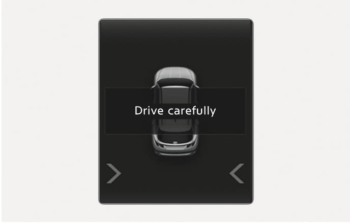 2025 Hyundai Tucson instrument cluster warning screen image. A top-down view of the vehicle is displayed with the text 'Drive carefully' in the center. Explains the warning message shown when the vehicle is stopped by the Rear Cross-Traffic Collision-Avoidance Assist emergency braking.