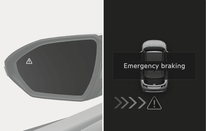 2025 Hyundai Tucson Rear Cross-Traffic Collision-Avoidance Assist Emergency Braking image. The left shows a warning icon on the side mirror. The right displays the cluster with 'Emergency braking' text and directional arrows. This illustrates the visual warnings displayed during emergency braking operation.