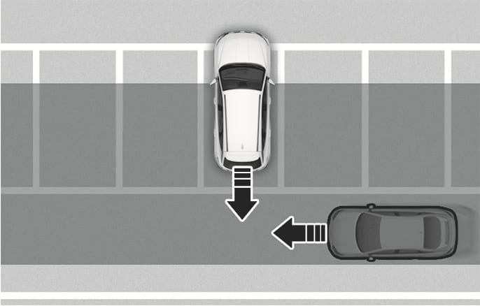 2025 Hyundai Tucson Rear Cross-Traffic Collision-Avoidance Assist image. A white vehicle backs out of a parking space, indicated by a black arrow, while a dark vehicle approaches from the right side. This illustrates the function detecting approaching vehicles from the side while reversing.