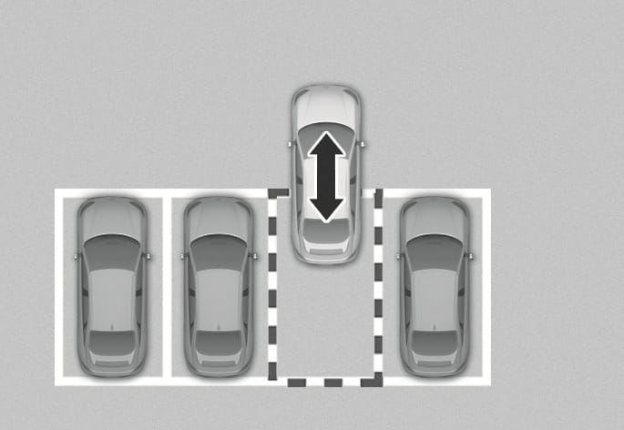 2025 Hyundai Tucson Remote Smart Parking Assist image. A top-down view displays a vehicle moving between two parked cars, with a black vertical double-headed arrow on the roof indicating the direction of travel. Explains the function of remotely moving the vehicle forward or backward.