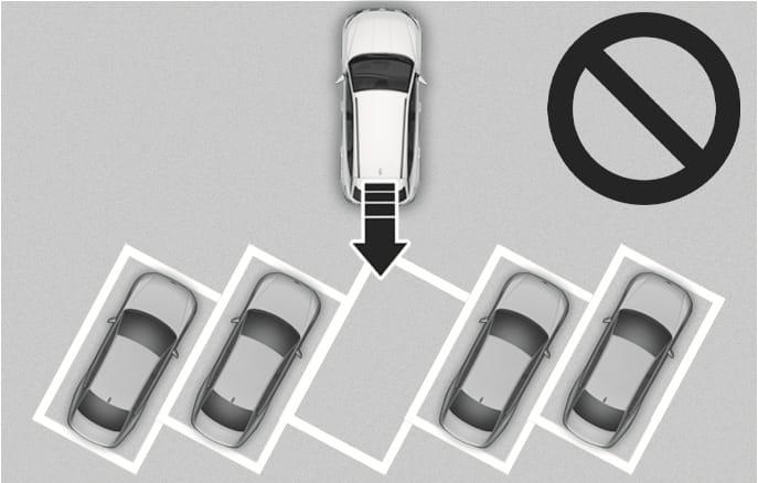 2025 Hyundai Tucson Remote Smart Parking Assist limitation image. A top-down view shows a vehicle with an arrow pointing into a diagonal parking space. A large prohibition symbol indicates this is restricted. This illustrates that the system does not support diagonal parking.