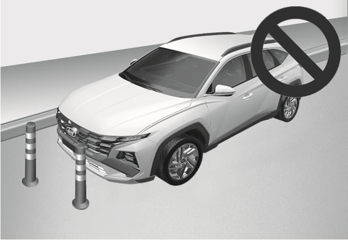 2025 Hyundai Tucson Remote Smart Parking Assist limitation image. The vehicle is shown facing two narrow pillars, with a large prohibition symbol overlaid on the scene. Explains the limitation where the system may not operate properly when parking near narrow pillars.