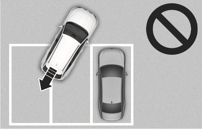 2025 Hyundai Tucson Remote Smart Parking Assist limitation image. A top-down view shows a white vehicle reversing diagonally out of a parking space next to a grey vehicle, with a black arrow indicating the direction. A prohibition symbol is displayed in the top right corner. This explains that the system may not function properly when the vehicle is positioned at an angle adjacent to another vehicle.