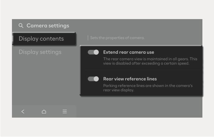 2025 Hyundai Tucson Camera settings screen image. The 'Display contents' menu is highlighted. Options for 'Extend rear camera use' and 'Rear view reference lines' are displayed with toggle switches. Explains the settings menu for configuring the rear view monitor display functions.