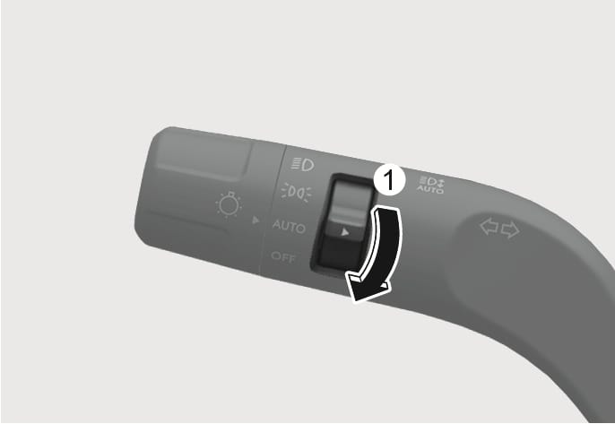 2025 Hyundai Tucson rear fog light switch lever image. A curved black arrow indicates the direction to rotate the inner switch (1) on the lighting control lever. Icons for headlights and rear fog lights are visible. Explains the function of turning the switch to activate the rear fog light.