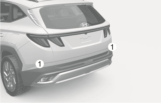 2025 Hyundai Tucson Rear corner radar location image. The image displays the rear view of the vehicle, with callout numbers (1) indicating the rear corner radars located inside both sides of the rear bumper. Explains the position of the detecting sensors used for the Blind-Spot Collision-Avoidance Assist system.