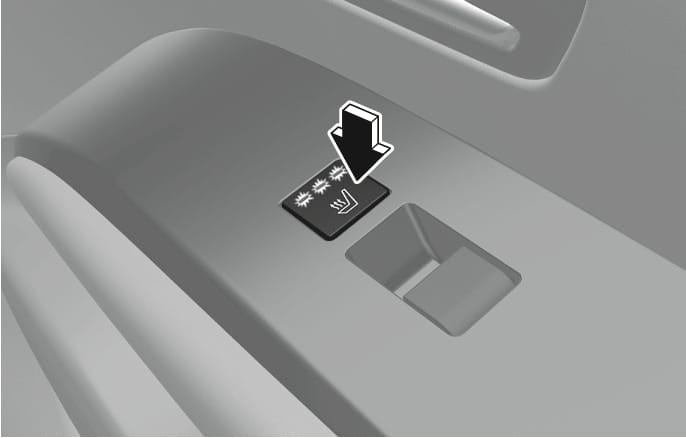 2025 Hyundai Tucson Rear seat warmer switch image. A black arrow points downward to the button with a seat and rising wavy lines icon on the door armrest. Describes the function of pressing the switch to operate the rear seat warmer.