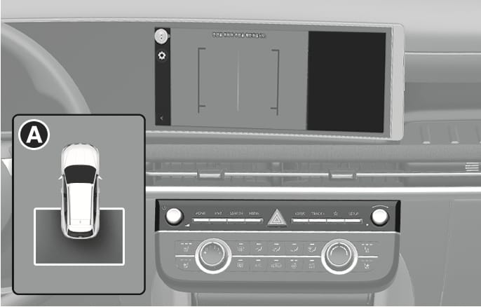 2025 Hyundai Tucson Rear Top View image. The infotainment screen displays the rear camera feed. An inset labeled (A) shows a top-down vehicle icon with the rear area highlighted. This illustrates the rear top view mode that helps check the distance behind the vehicle while parking.