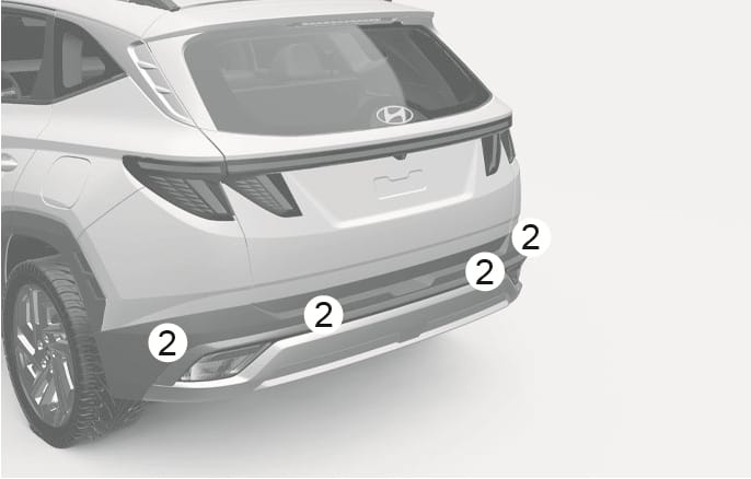 2025 Hyundai Tucson Rear Ultrasonic Sensors image. The image shows the rear view of the vehicle with four circular markers labeled (2) distributed along the rear bumper. It explains the location of the rear ultrasonic sensors used to detect obstacles.