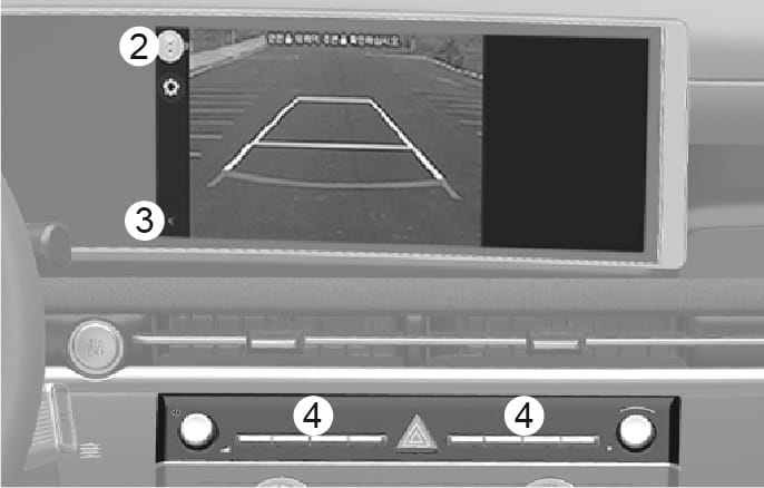 2025 Hyundai Tucson Rear View Monitor image. The screen displays the rear view with guidelines, indicating the Change View button (2), Previous button (3), and Infotainment system buttons (4). Explains the rear view operation and controls.