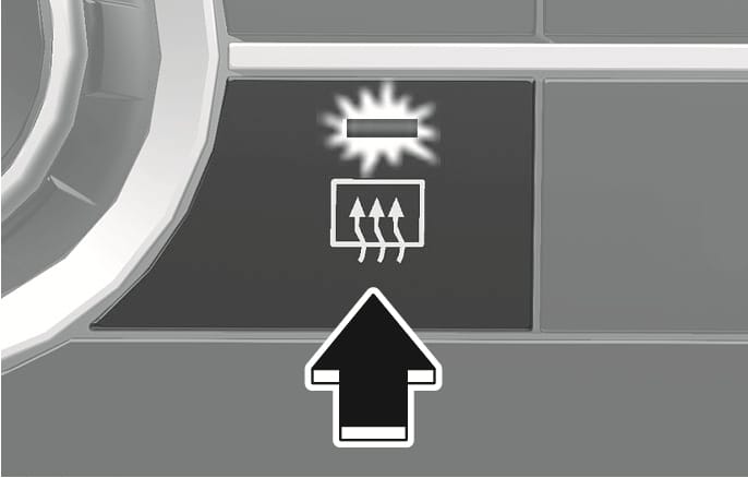2025 Hyundai Tucson Rear window defroster button image. This Type A button features a rectangular icon with three wavy upward arrows and an illuminated indicator light bar above it. A black arrow points upward to indicate the operation. Explains the function of pressing the button to activate the rear window defroster.