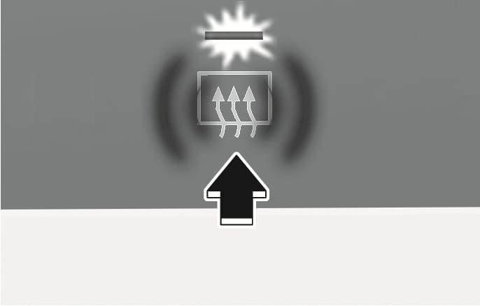 2025 Hyundai Tucson rear window defroster button Type B image. A large black arrow points upward to the defroster icon, which depicts three wavy arrows inside a rectangle with a light symbol above it. This describes the function of pressing the button to activate the rear window defroster and the indicator light turning on.