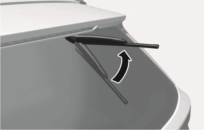 2025 Hyundai Tucson rear window wiper arm image. A curved black arrow points upward, showing the wiper arm being lifted away from the rear windshield. Explains the function of raising the wiper arm to replace the wiper blade.