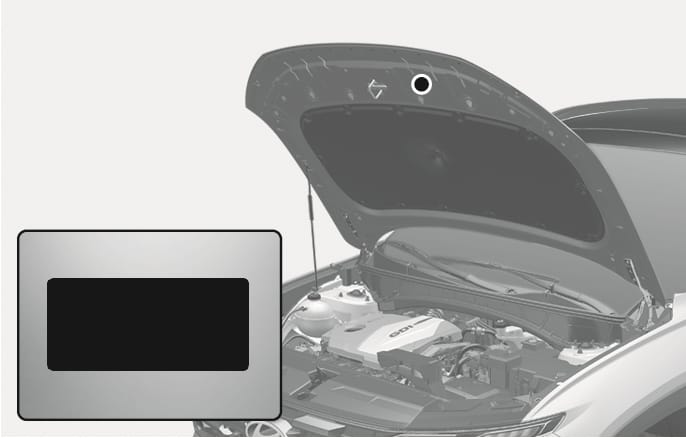 2025 Hyundai Tucson air conditioning refrigerant label location image. The image shows the open hood with a circular marker indicating the label's position on the underside of the hood, and a close-up inset displays the black rectangular label. Explains where to find the label to identify the air conditioning refrigerant type.