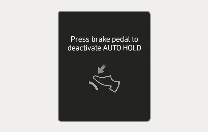 2025 Hyundai Tucson warning message image. It displays the text 'Press brake pedal to deactivate AUTO HOLD' and an icon of a foot pressing a pedal with a downward arrow. This explains the instruction to depress the brake pedal to release the Auto Hold function.