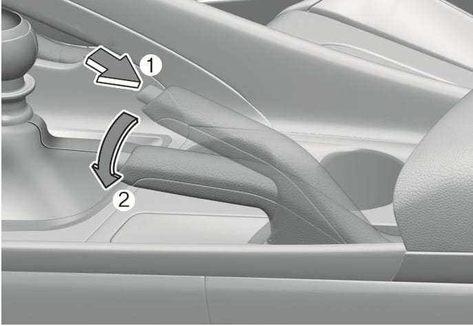 2025 Hyundai Tucson hand type parking brake releasing image. It displays the parking brake lever with an arrow pointing to the release button (1) and a curved arrow indicating the downward motion (2). Explains the function of releasing the parking brake by pressing the button and lowering the lever.