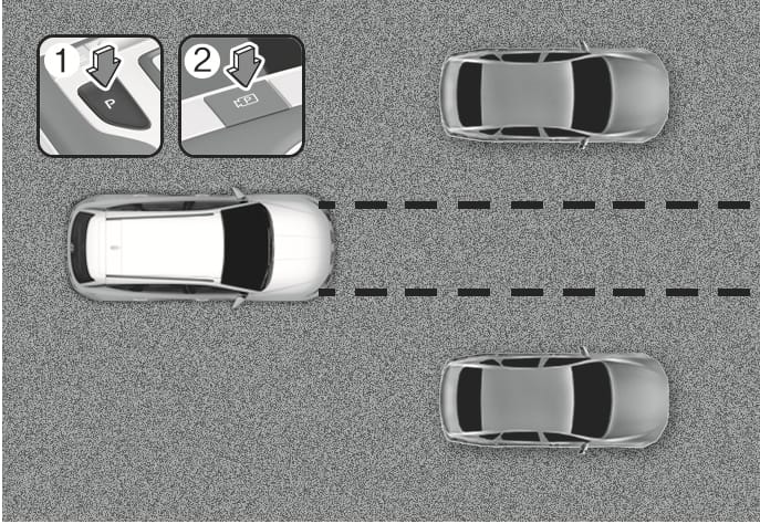 2025 Hyundai Tucson Remote Smart Parking Assist image. A top-down view displays the vehicle positioned between parked cars with dashed lines indicating the travel path. Insets (1) and (2) illustrate pressing the Parking and View buttons with downward arrows to activate the remote operation function.
