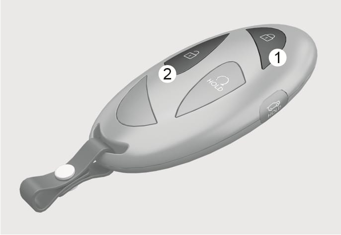 2025 Hyundai Tucson Remote window opening/closing feature image. A smart key fob is displayed with the door lock button (1) featuring a closed padlock icon and the door unlock button (2) featuring an open padlock icon. Describes the function of remotely opening and closing the front windows using the key fob buttons.