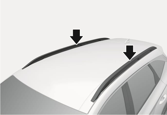 2025 Hyundai Tucson roof side rails image. Two black arrows point downwards to the rails running along the left and right sides of the vehicle's roof. This illustrates the location of the roof side rails used for loading cargo or installing crossbars.