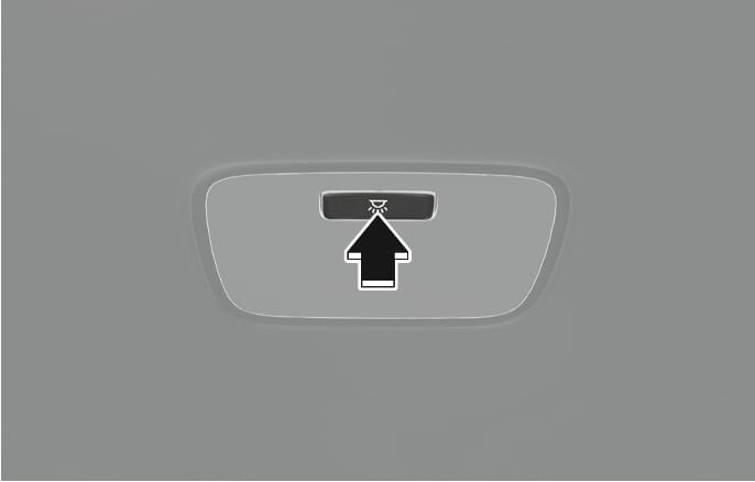 2025 Hyundai Tucson Rear personal lamp button Type A image. A black arrow with a white outline points upward towards the button featuring a light bulb icon. Explains the function of pressing the button to turn on and off the rear lamp.